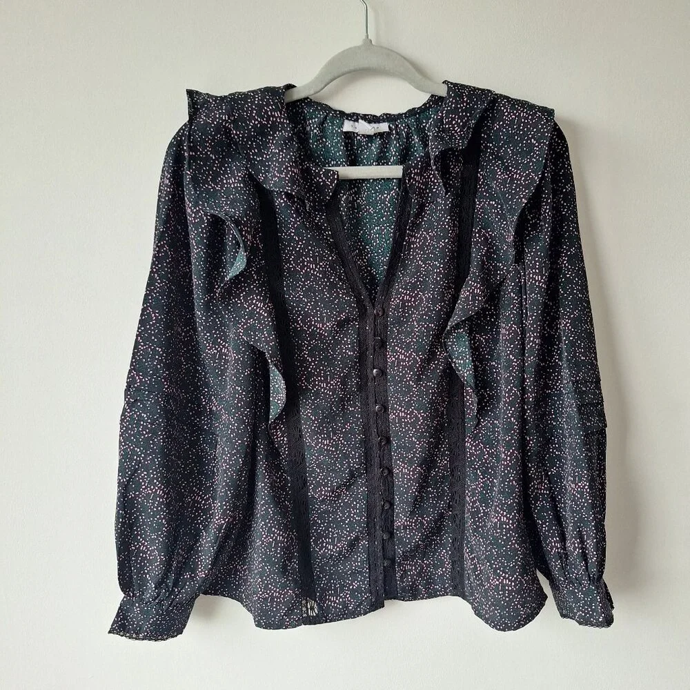 TOPSHOP Lace Inset Floral Ruffle Top - Black - Picture 2 of 9